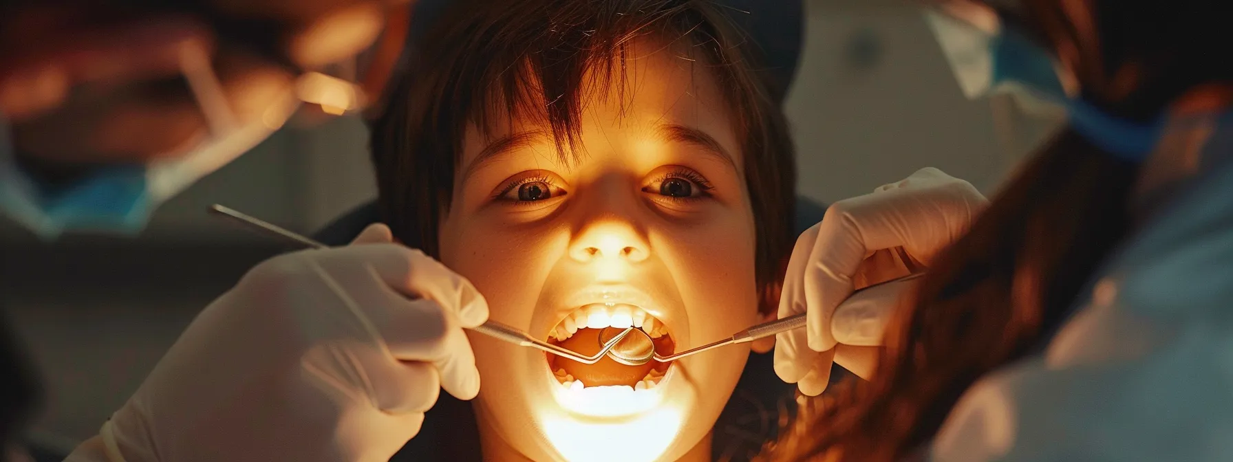 a child sitting in a dentist chair receiving orthodontic treatment to straighten their teeth.