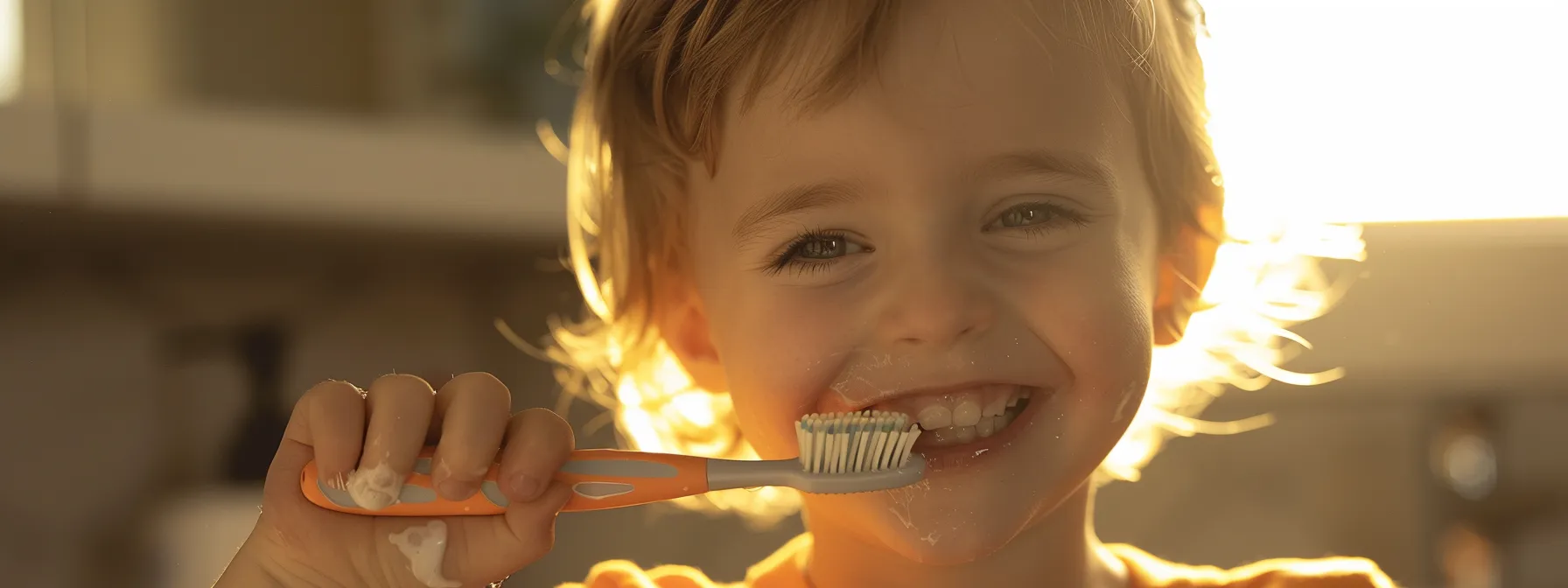 a child effortlessly brushing their teeth with perfectly aligned teeth and a bright smile.